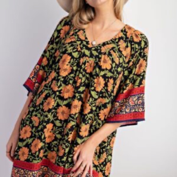 Bohemian Swing Dress with Floral Print With Border Hem and Sleeve - Picture 3 of 11